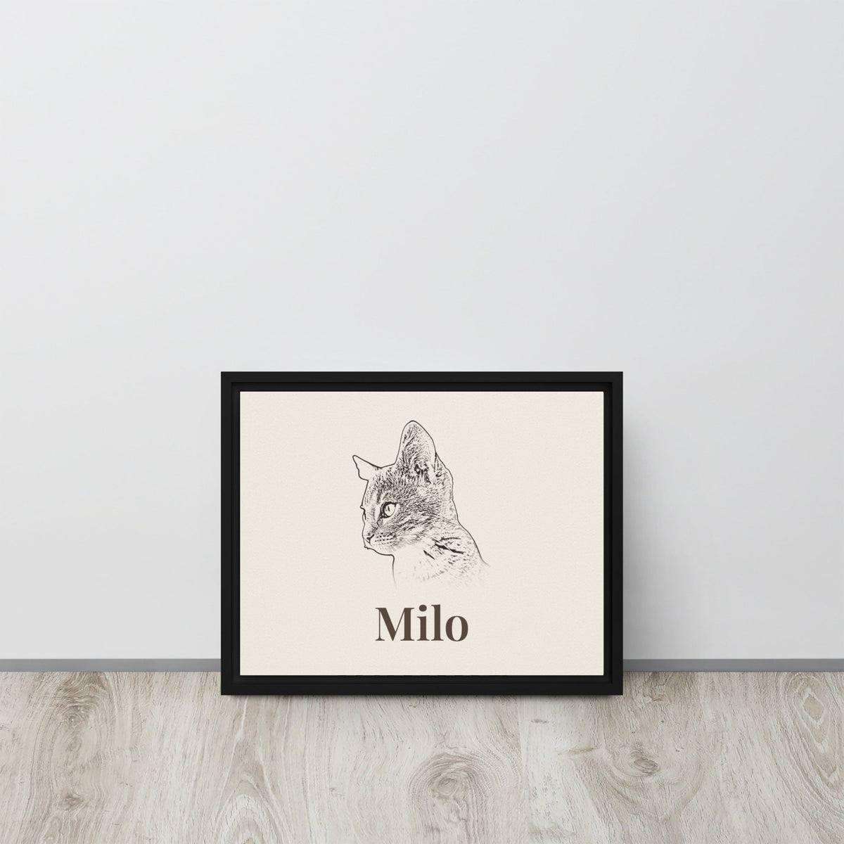 Personalised framed canvas with a pencil-style cat portrait named Milo
