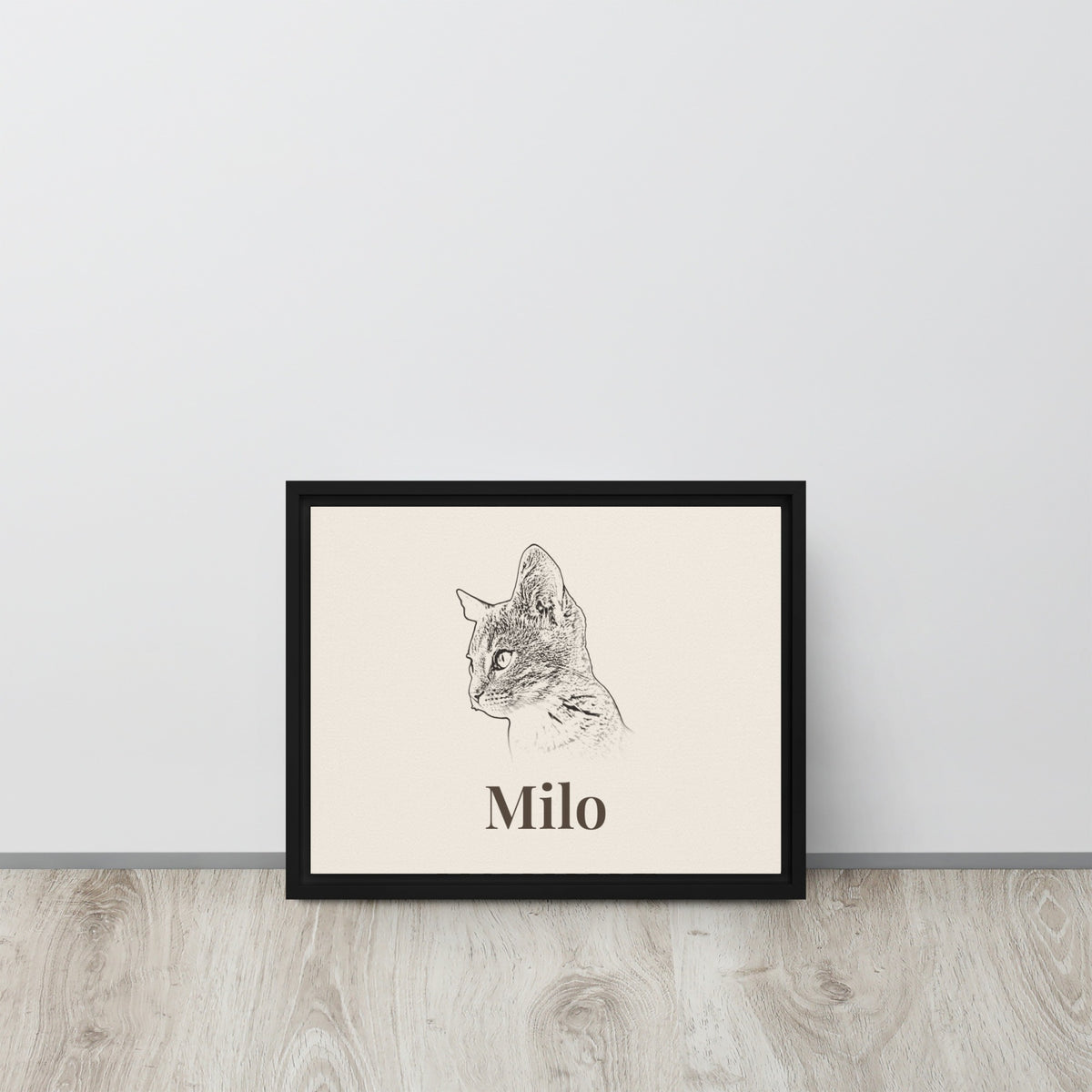 Personalised framed canvas with a pencil-style cat portrait named Milo