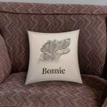 Personalised 45×45cm pet portrait cushion with a pencil-style dog portrait named Bonnie, on a sofa