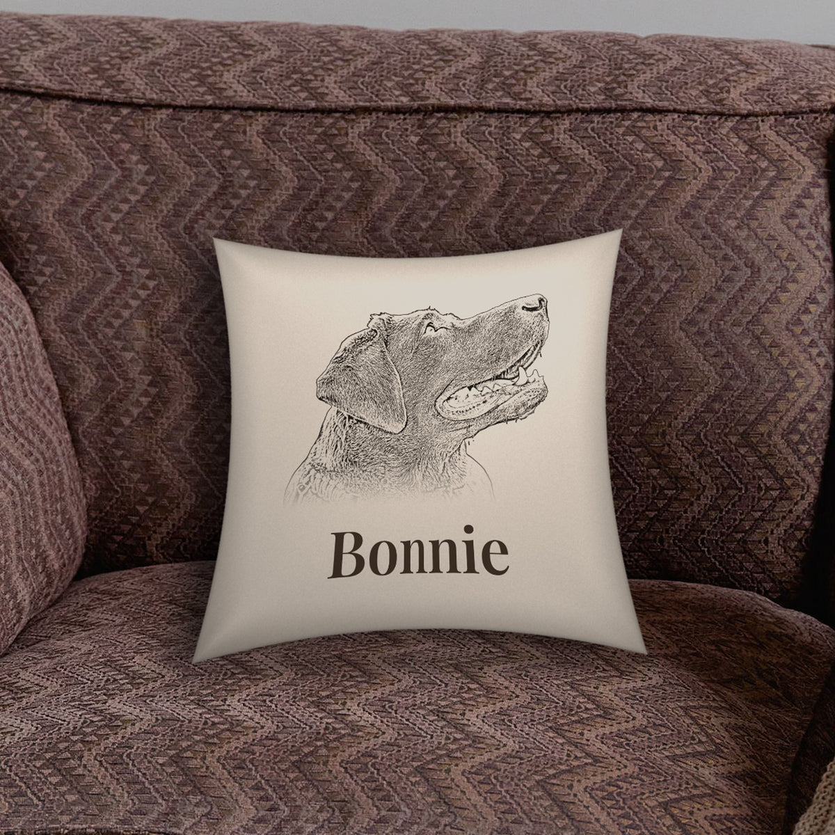 Personalised 45×45cm pet portrait cushion with a pencil-style dog portrait named Bonnie, on a sofa