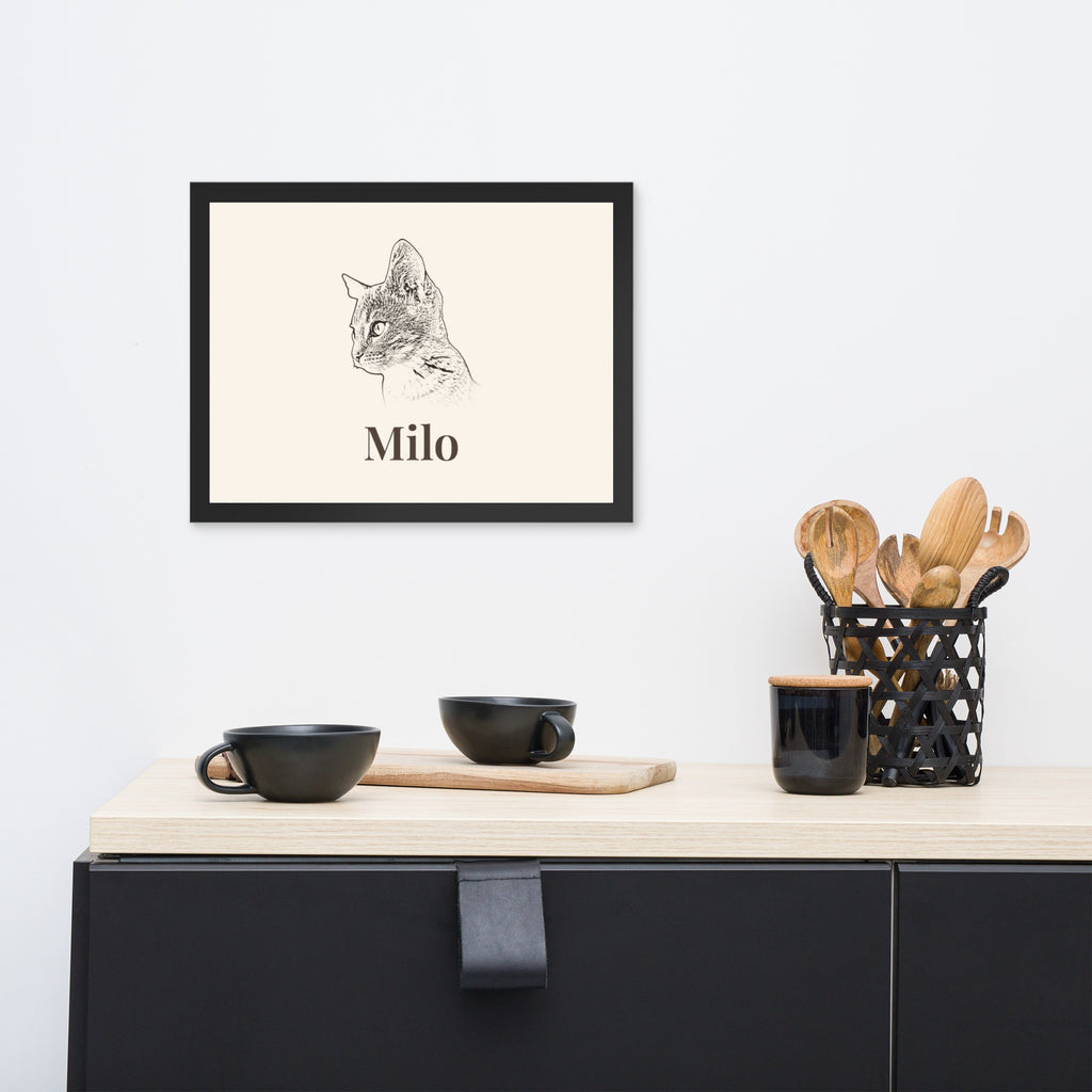 Personalised framed cat portrait print named Milo on a sideboard