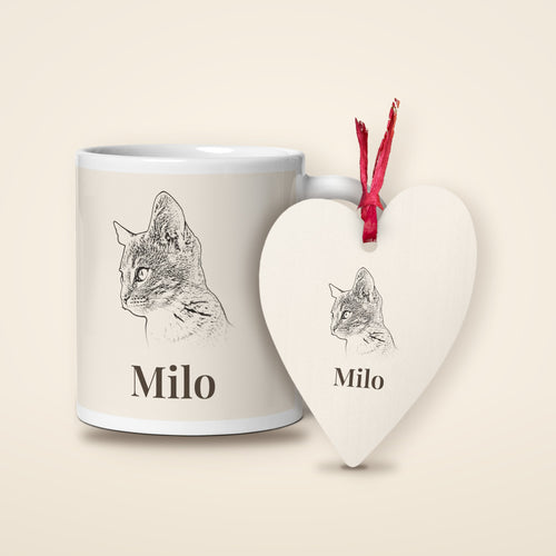 Personalised cat portrait mug and heart decoration gift set named Milo