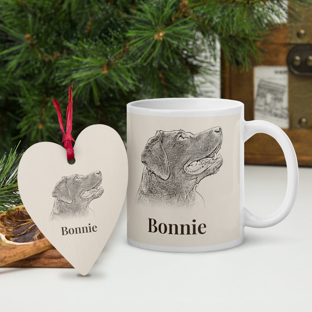 Personalised pet portrait mug and wooden heart decoration gift set in a Christmas scene