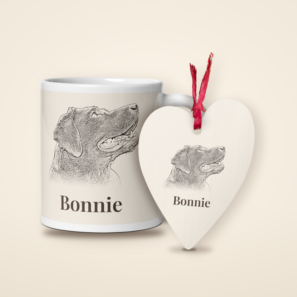 Personalised pet portrait mug and wooden heart decoration gift set