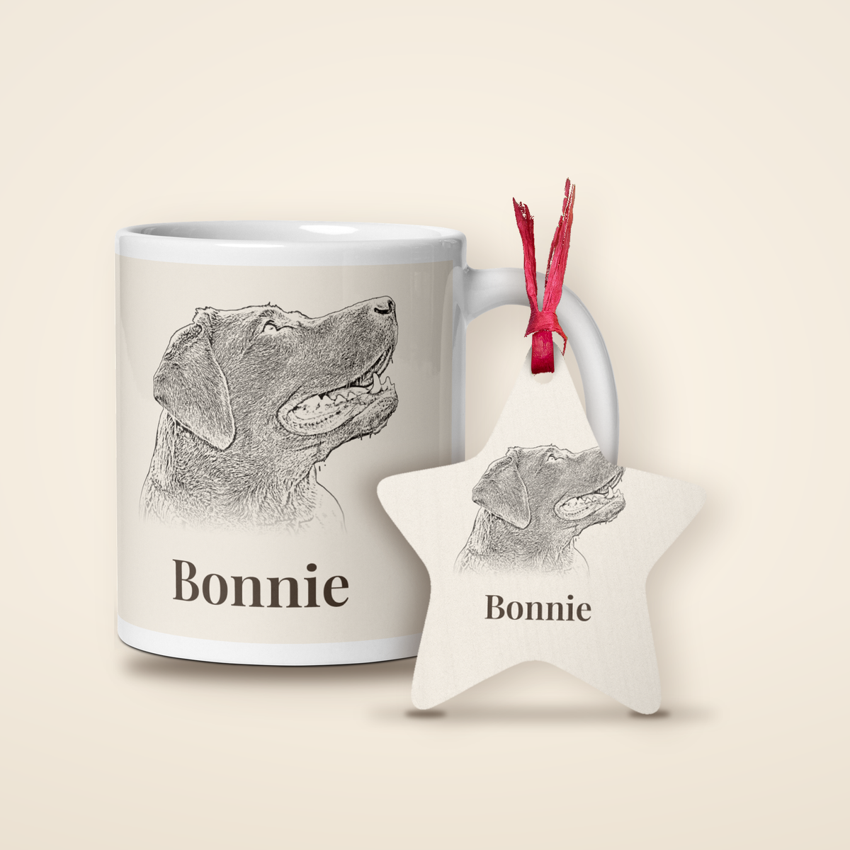 Personalised pet portrait mug and wooden heart decoration gift set with star decoration