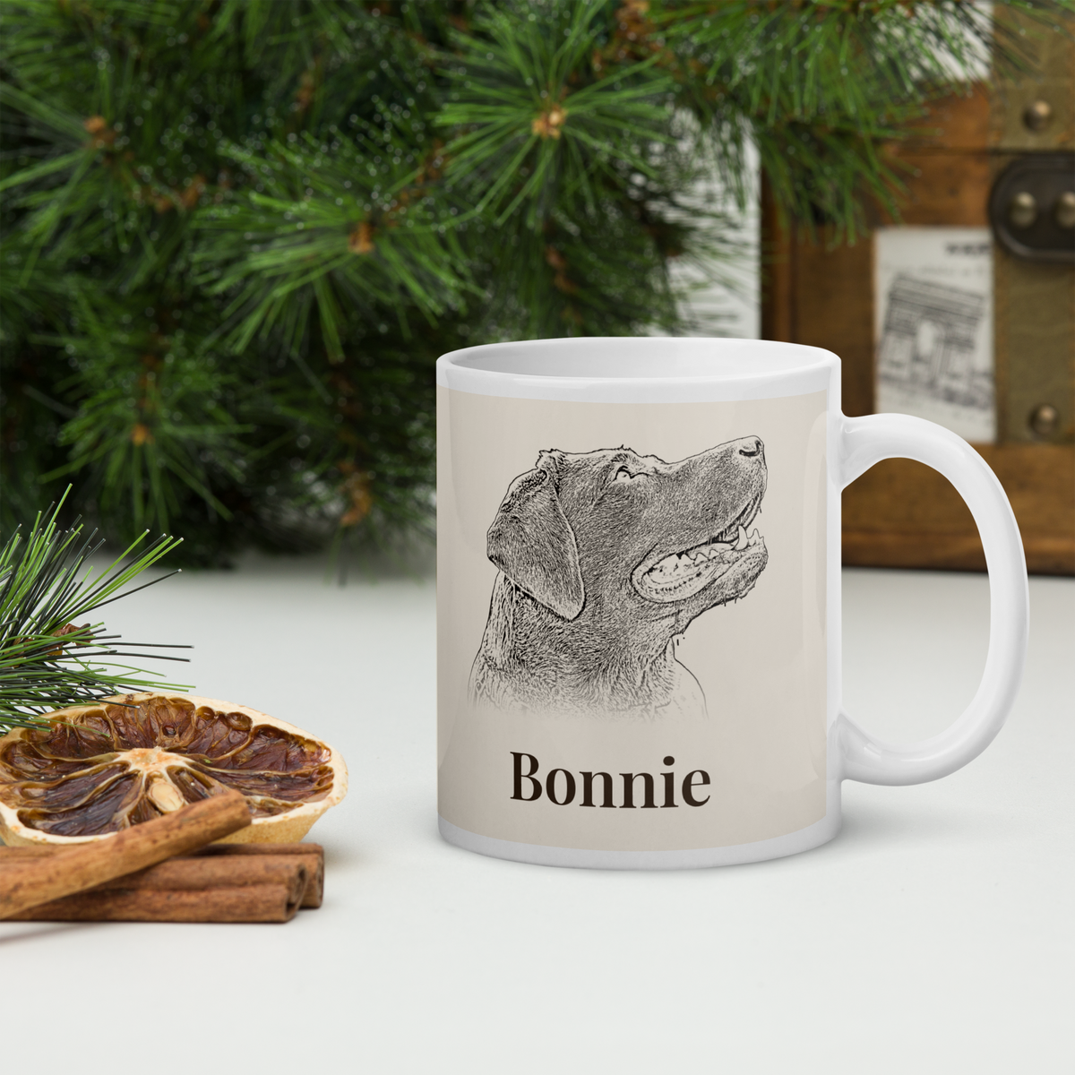 Personalised pencil sketch dog portrait mug on a festive Christmas table