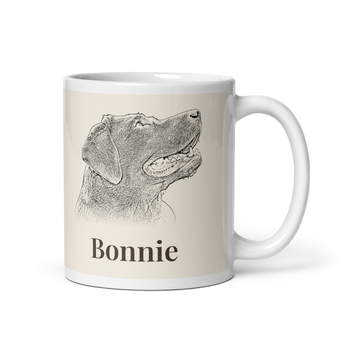 White glossy 11oz mug with pencil sketch pet portrait and name