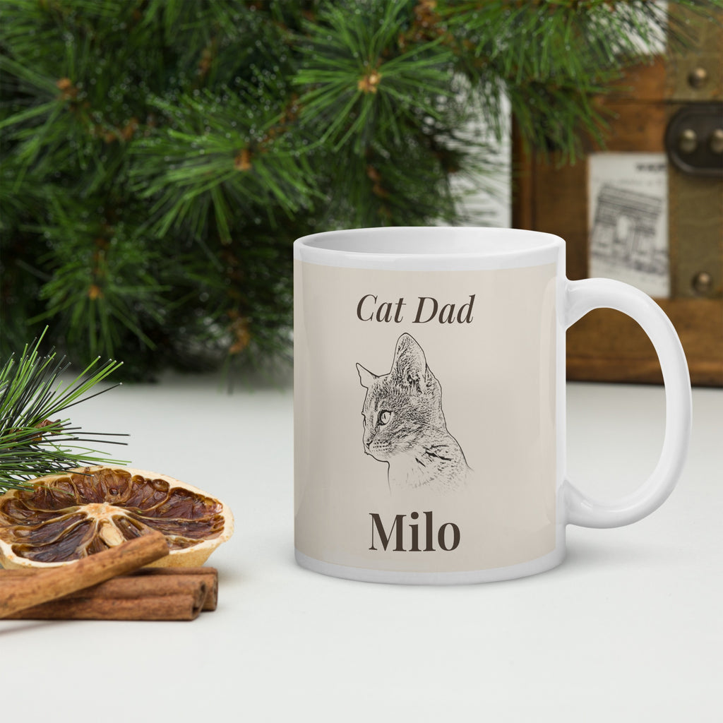 Personalised cat portrait mug with Cat Dad and the name Milo