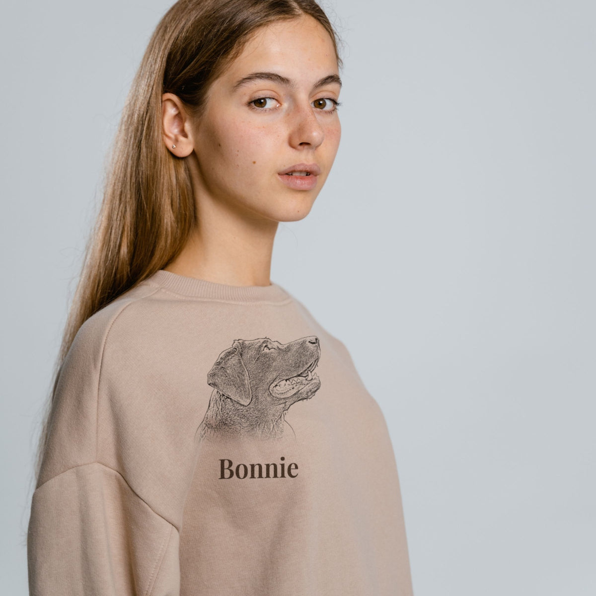 Sand personalised sweatshirt with a pencil-style pet portrait